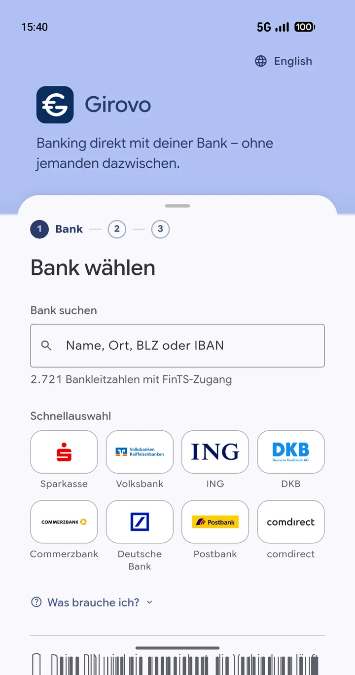Die Anmeldung in Girovo: Bank wählen über Name, Ort, BLZ oder IBAN, mit einer Schnellauswahl häufiger Banken.
